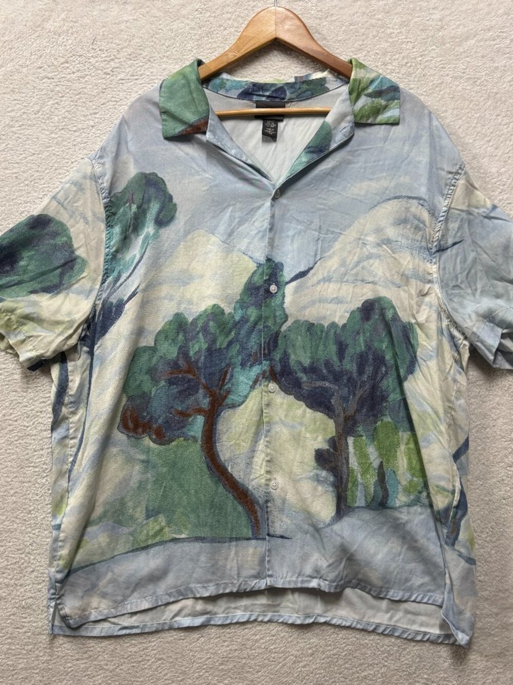 H&M Landscape Oil Painting Camp Collar Button Up Shirt XXL Blue Green Streetwear